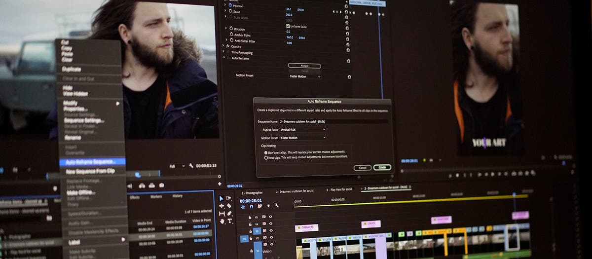 Auto Reframe dialog in the Adobe Premiere Pro timeline